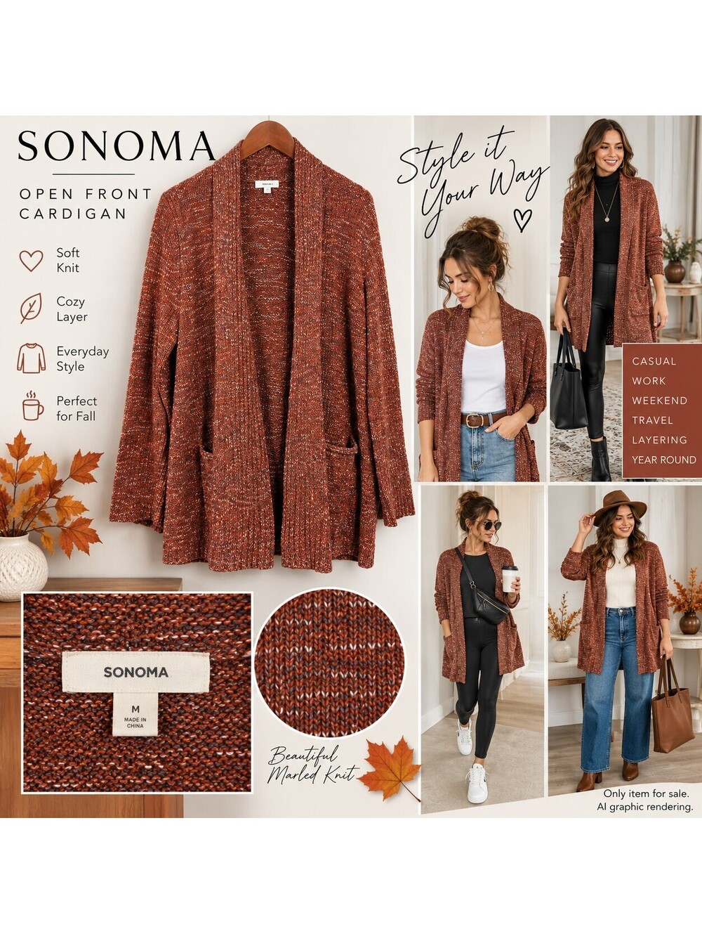 Sonoma Goods For Life Women's XL Rust Marled Open Front Cardigan Sweater